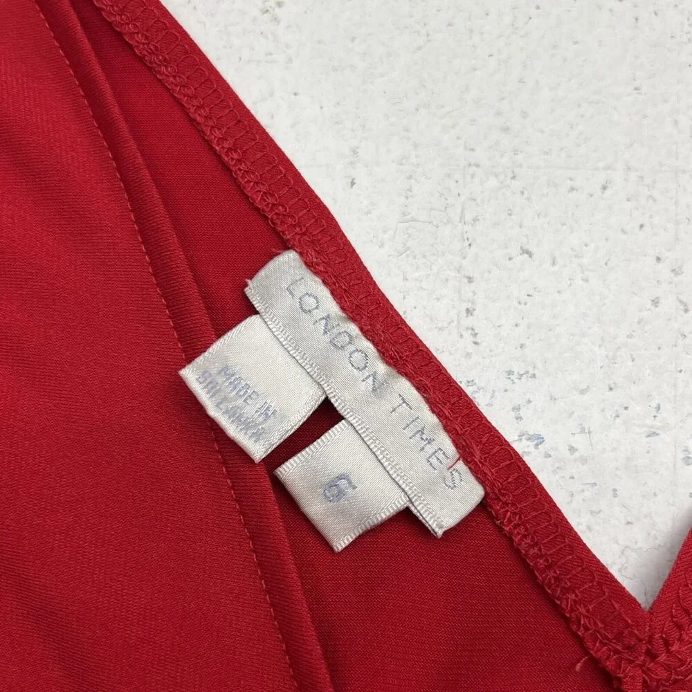 London Times Red V-Neck Sleeveless Ruched A-Line Dress - Picture 4 of 4